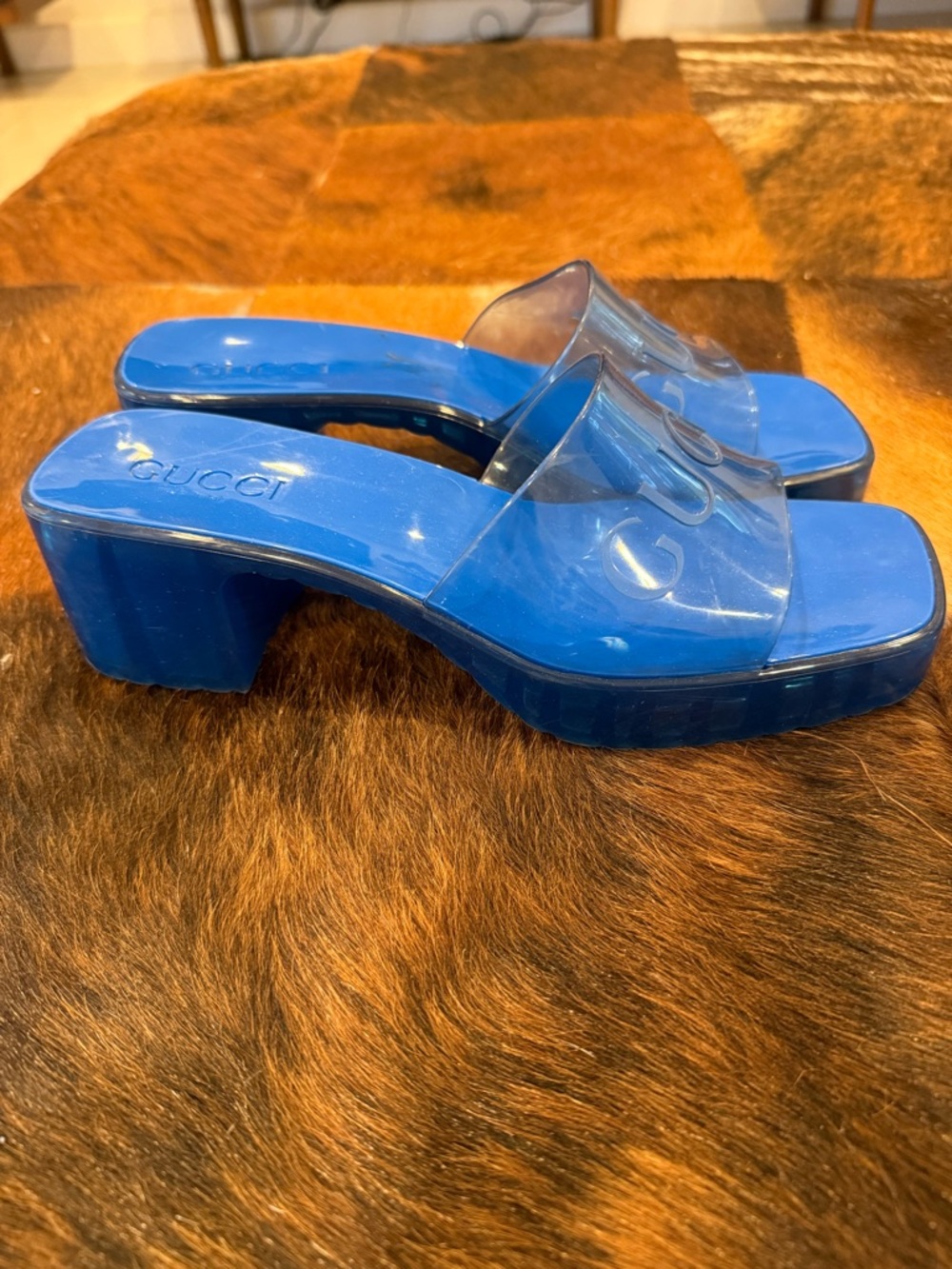 Gucci Blue Rubber Heeled Slide Sandals - Picture 4 of 8